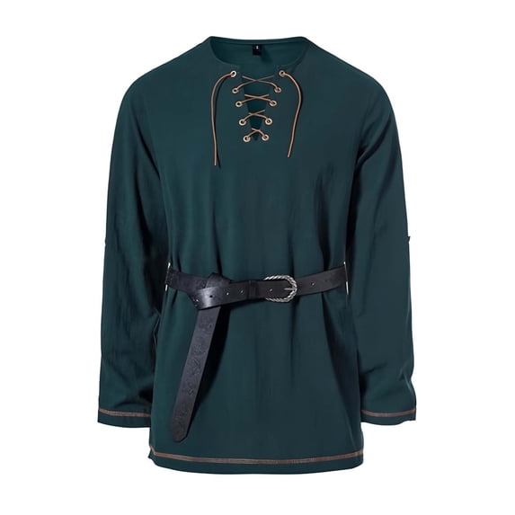 JOANKDMI Mens Medieval Lace-up Tunic Long Sleeve V Neck Vintage Shirt Viking Pirate Costume Top for Role Play Stage Performance Daily Wear