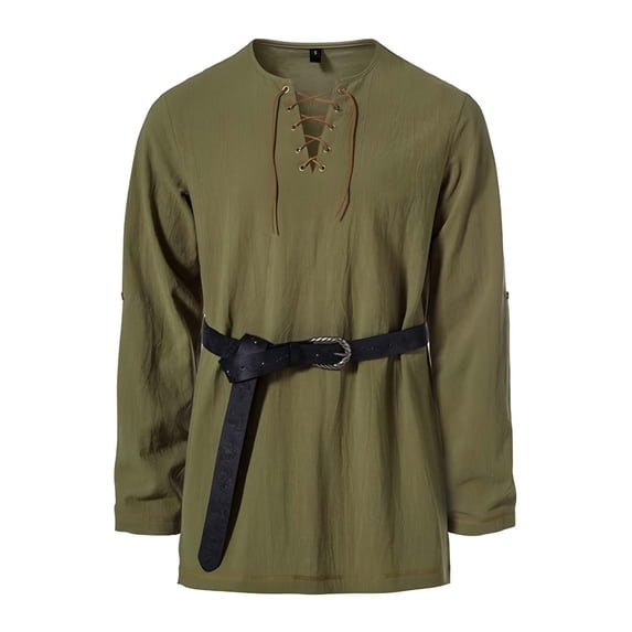 JOANKDMI Mens Medieval Lace-up Tunic Long Sleeve V Neck Vintage Shirt Viking Pirate Costume Top for Role Play Stage Performance Daily Wear