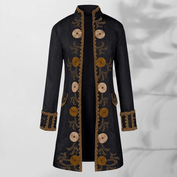 JOANKDMI Mens Medieval Nobleman Coat Gothic Aristocrat Long Jacket with Vintage Floral Embroidery for Renaissance Fair Pirate Role Play Halloween Festival Apparel