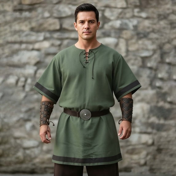 JOANKDMI Mens Medieval Tunic Shirt Short Sleeve Renaissance Viking Costume Lace-Up V-Neck Pirate Top Retro Peasant Blouse for Halloween LARP Cosplay Festival, S-5XL