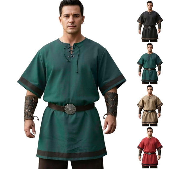 JOANKDMI Mens Medieval Tunic Shirt Short Sleeve Renaissance Viking Costume Lace-Up V-Neck Pirate Top Retro Peasant Blouse for Halloween LARP Cosplay Festival, S-5XL