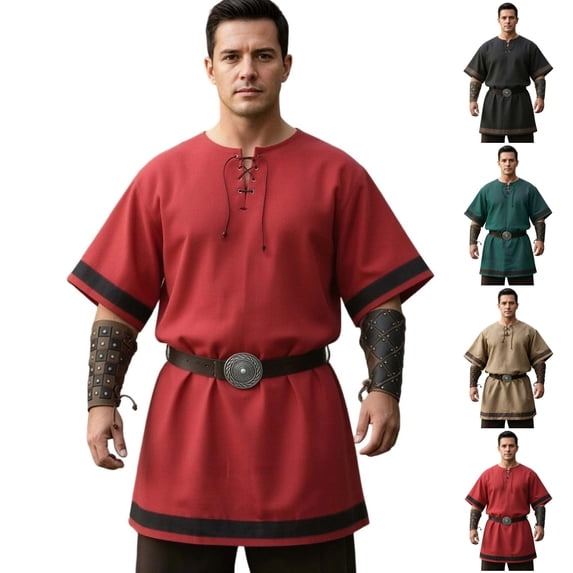 JOANKDMI Mens Medieval Tunic Shirt Short Sleeve Renaissance Viking Costume Lace-Up V-Neck Pirate Top Retro Peasant Blouse for Halloween LARP Cosplay Festival, S-5XL