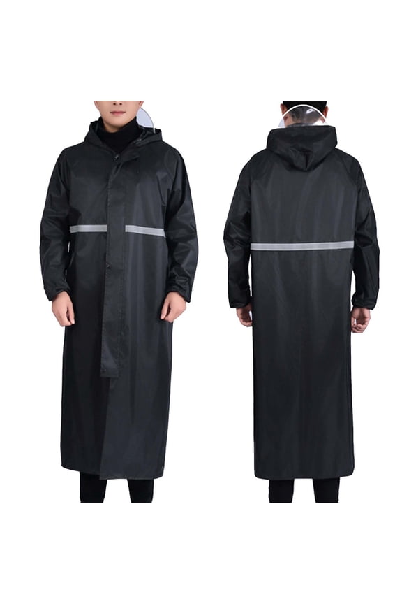 Mens Rain Jacket Waterproof Long Hooded Raincoat Overcoat with Reflective Tape Snap Button Closure Windproof Outerwear for Commuting Motorcycle Travel Work Rain Gear