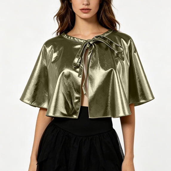 JOANKDMI Metallic Shiny Capelet for Women Short Cloak Tie Front Shrug Costume Accessories for Halloween Party Mermaid Alien Disco Festival Fancy Dress Up