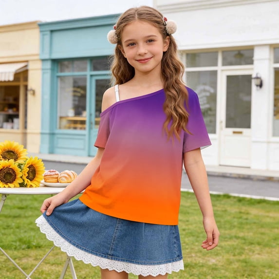JOANKDMI One Shoulder T Shirts Girls 11-12 Short Sleeve Asymmetrical Shirts Gradient Ombre Print Summer Casual Trendy Tops Slouchy Loose Fit Daily Wear Vacation Tees