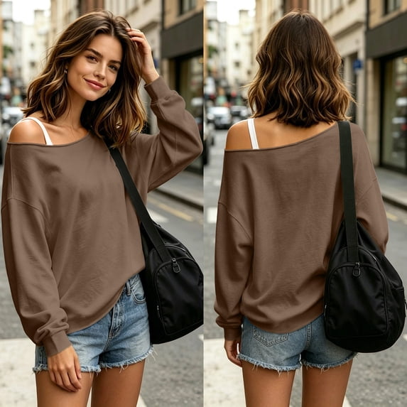 JOANKDMI Oversized T Shirts for Women Off The Shoulder Long Sleeve Slouchy Casual Streetwear Fashion Baggy Tops