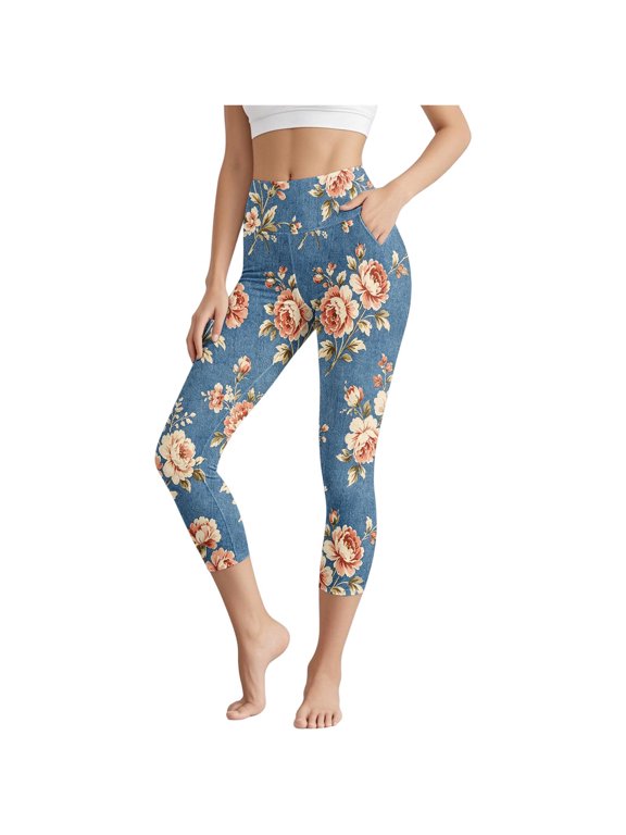 Printed Capri Leggings for Women with Pockets High Waist Faux Denim Yoga Pants Tummy Control Stretch Workout Cropped Tights Activewear for Gym Daily Wear