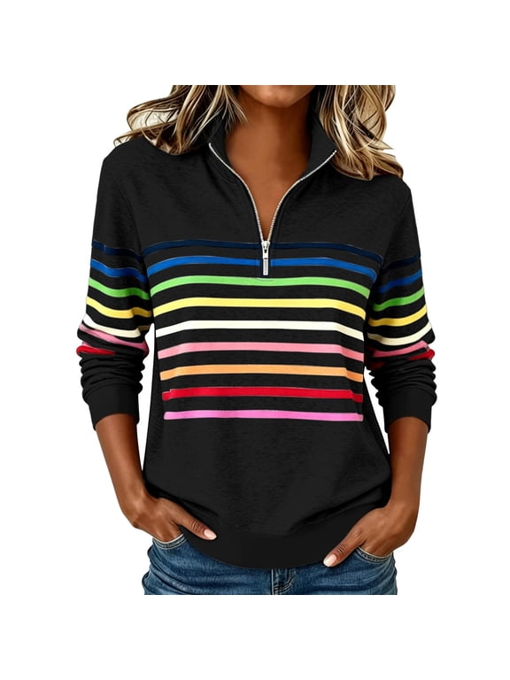 Pullover Sweatshirt Women Quarter Zip Striped Colorblock Long Sleeve Tops Casual Fall Fashion Workout Athletic Running Track Jacket Activewear Outfit