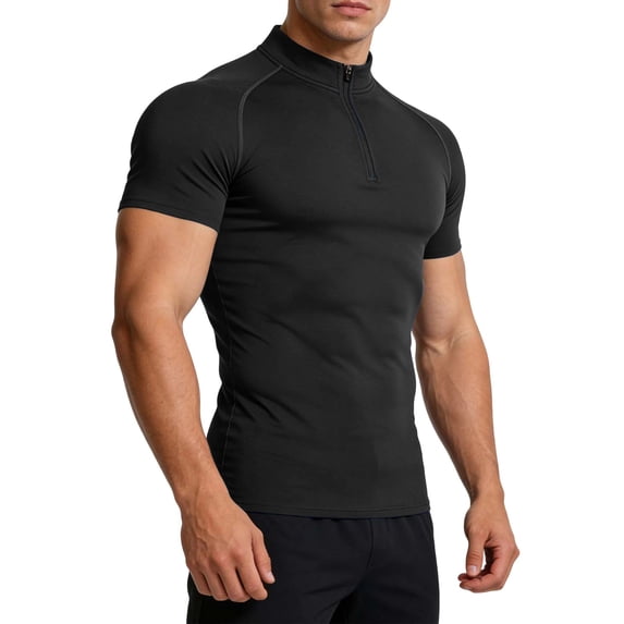 JOANKDMI Quarter Zip Workout Shirts for Men Short Sleeve Athletic Muscle Fit Gym T-Shirts Lightweight Compression Training Tee Moisture Wicking Activewear Tops, S-3XL