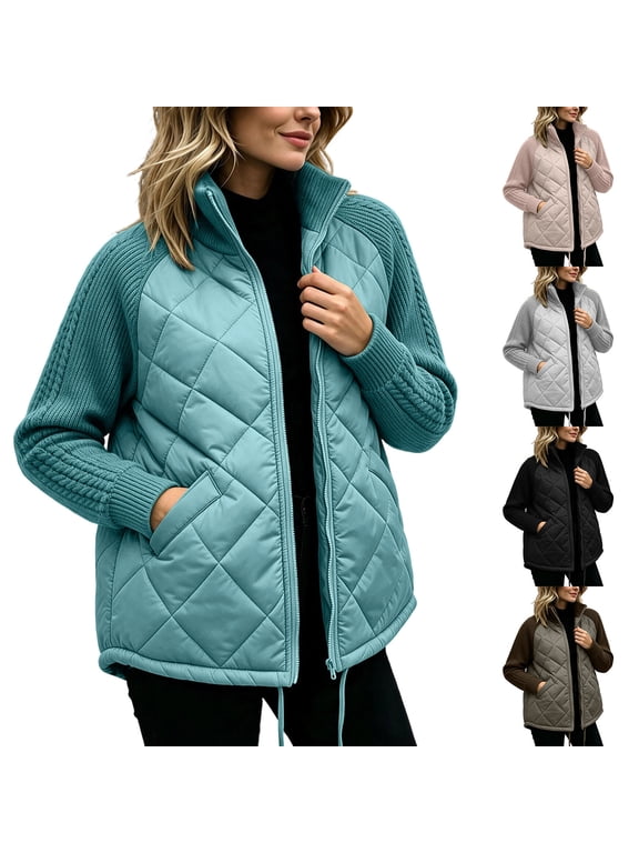 Quilted Puffer Jacket for Women with Knit Sweater Sleeves Zip Up Stand Collar Mixed Media Coat Casual Winter Warm Outerwear Patchwork Cardigan