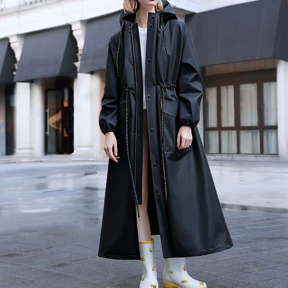 JOANKDMI Rain Jacket Women Waterproof Long Raincoat Hooded Drawstring Waist and Pockets Lightweight Windproof Trench Coat for Outdoor Travel Daily Wear Casual Outerwear