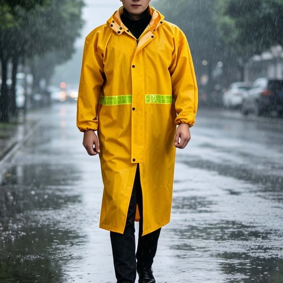 JOANKDMI Raincoat for Men with Hood Long Waterproof Heavy Duty Rain Jacket with Reflective Strip Windproof Trench Coat for Work Fishing Hiking Outdoor Emergency Gear