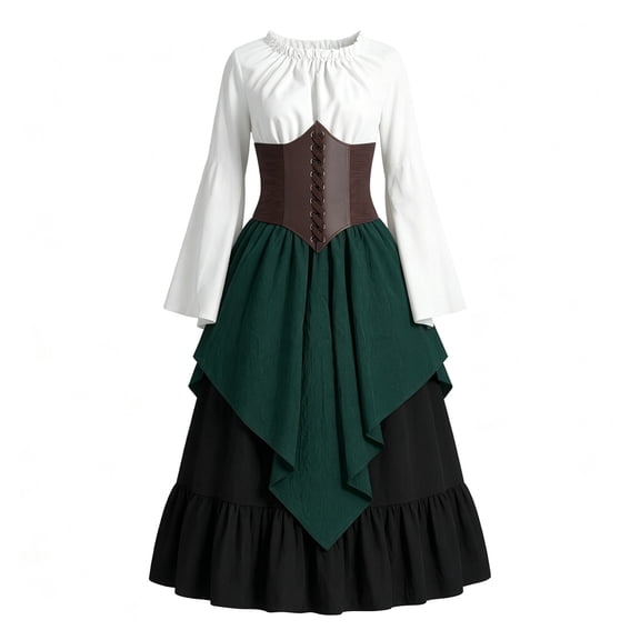 JOANKDMI Renaissance Costume Dress for Women Medieval Peasant Dress with Corset Lace-up Long Flare Sleeve Halloween Cosplay Outfit Vintage Irish Gown Party Wear