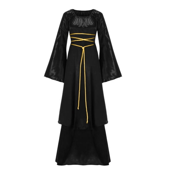JOANKDMI Renaissance Medieval Dress for Women Gothic Witch Costume Bell Sleeve Lace Up Maxi Gown Vintage Floor Length Dress for Halloween Party Renaissance Fair