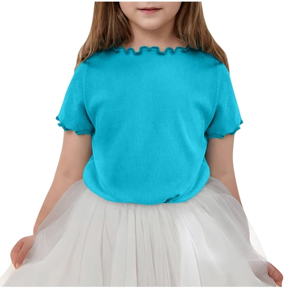 JOANKDMI Ribbed Knit Shirt Girls 5-6 Short Sleeve Lettuce Trim Crewneck Tee Slim Fit Casual Tops Cute Ruffle Hem T Shirts Basic Summer Pullover for Kids Toddlers