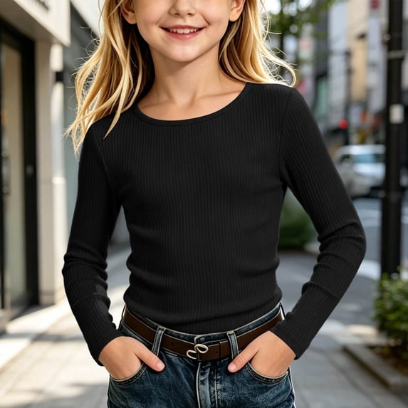 JOANKDMI Ribbed Long Sleeve Shirts for Girl 12 Casual Slim Fit Basic Tees Crewneck Stretchy Pullover Tops Fall Winter Under-layer Soft Comfortable Base Layer
