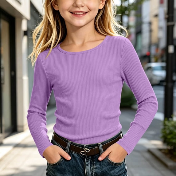 JOANKDMI Ribbed Long Sleeve Shirts for Girl 9-10 Casual Slim Fit Basic Tees Crewneck Stretchy Pullover Tops Fall Winter Under-layer Soft Comfortable Base Layer
