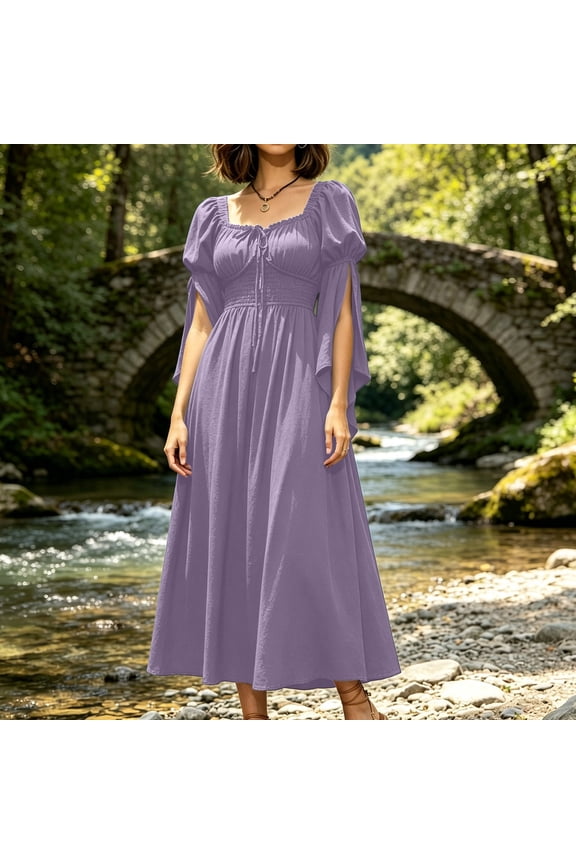Royal Court Midi Dress Womens Square Neck Puff Sleeve Smocked Waist Flowy A-Line Peasant Boho Sundress for Halloween Elegant Party Gown Wear