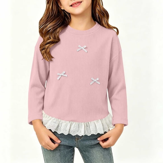 JOANKDMI Ruffle Hem Shirts for Girl 1T Long Sleeve Pullover Tops with Cute Bow Knot Lace Trim Casual Fall Blouse Elegant Fashion Winter Clothes for Kids Trendy Tees