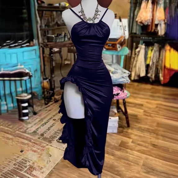JOANKDMI Satin Dress for Women Spaghetti Strap High Slit Ruffle Trim Maxi Dresses Cowl Neck Bodycon Gown for Elegant Halloween Party Clubwear Evening Cosplay