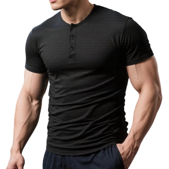 JOANKDMI Short Sleeve Henley Shirts for Men 3 Button Placket Muscle Fit T-Shirts Casual Slim Athletic Tees Stretchy Workout Tops for Gym Bodybuilding Everyday Wear
