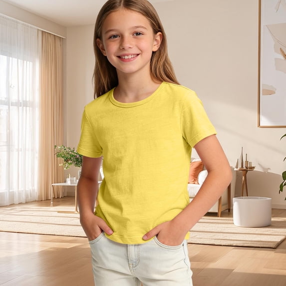 JOANKDMI Short Sleeve T Shirts Girls 7-8 Crewneck Solid Color Basic Tees Casual Summer Tops Youth Classic Fit Cotton Undershirts Daily Wear Active Play Tshirts