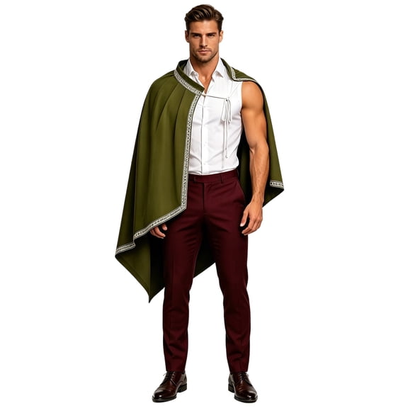 JOANKDMI Shoulder Capelet Men Vintage Renaissance Half Cloak with Retro Pattern Trim Medieval Cowl Hat Tie Closure Shawl for LARP Halloween Cosplay Costume Party