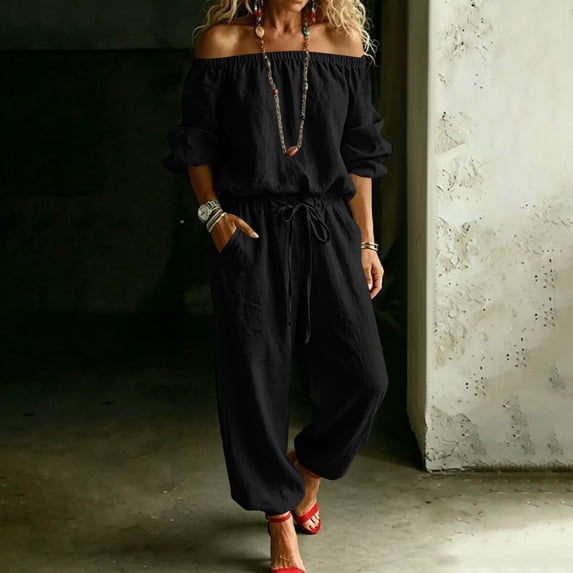 JOANKDMI Off The Shoulder Jumpsuits for Women Casual Long Rompers with Pockets Loose Fit Elastic Waist Drawstring Summer Beach Outfits Flowy One Piece Overalls