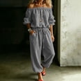 thumbnail image 1 of JOANKDMI Off The Shoulder Jumpsuits for Women Casual Long Rompers with Pockets Loose Fit Elastic Waist Drawstring Summer Beach Outfits Flowy One Piece Overalls, 1 of 6