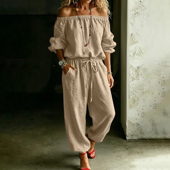 JOANKDMI Off The Shoulder Jumpsuits for Women Casual Long Rompers with Pockets Loose Fit Elastic Waist Drawstring Summer Beach Outfits Flowy One Piece Overalls