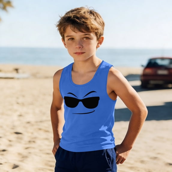 JOANKDMI Sleeveless Tank Tops Boys 12-13 Funny Cool Face Sunglasses Graphic Print Summer Athletic Muscle Shirts Casual Activewear Workout Tees Everyday Clothes