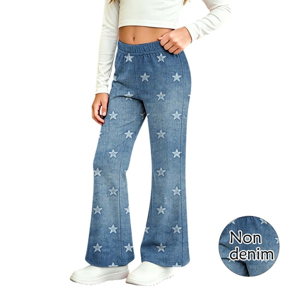 JOANKDMI Star Printed Flare Pants for Girls Toddlers Elastic Waist Faux Denim Bell Bottoms Stretchy Casual Trousers Cute Fashion Graphic Bottoms for School Play Everyday Apparel