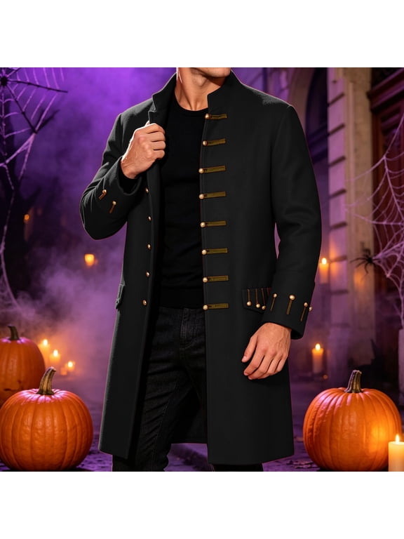 Steampunk Jacket for Men Gothic Victorian Frock Coat Stand Collar Button Down Vintage Overcoat Outerwear for Pirate Vampire Halloween