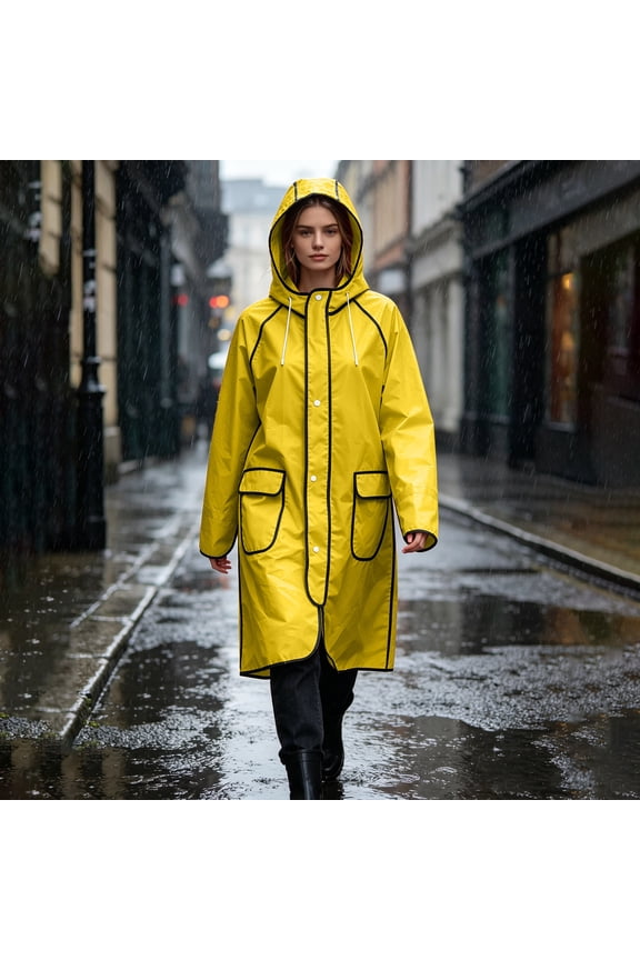Summer Rain Jacket for Women Long Raincoat Waterproof Hooded Windproof PU Trench Coat Button Down Casual Outerwear with Flap Pockets Contrast Trim for Commuting Daily Wear Travel