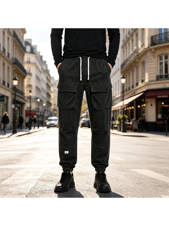 Techwear Cargo Joggers for Men Multi Pocket Tapered Bottoms Elastic Waist Drawstring Casual Trousers for Outdoor Hiking Athletic Workout Streetwear