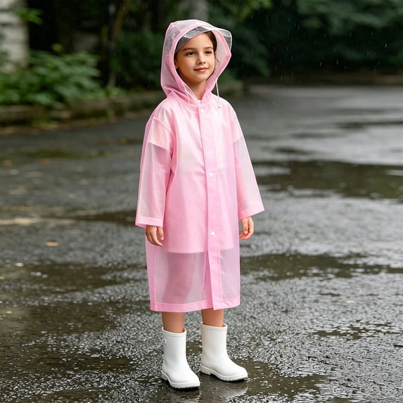 JOANKDMI Toddler Girls Long Raincoat Kids Waterproof Lightweight EVA Rain Jacket with Clear Brim Hood Snap Button Closure for School Hiking Travel Outdoor Active Wear