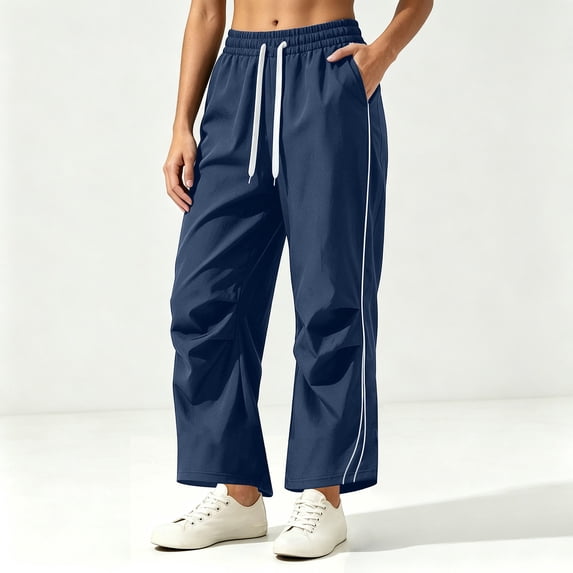 JOANKDMI Track Pants for Women with Side Stripe High Waisted Drawstring Loose Fit Casual Workout Running Trousers