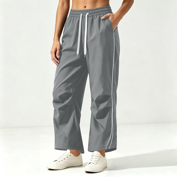 JOANKDMI Track Pants for Women with Side Stripe High Waisted Drawstring Loose Fit Casual Workout Running Trousers