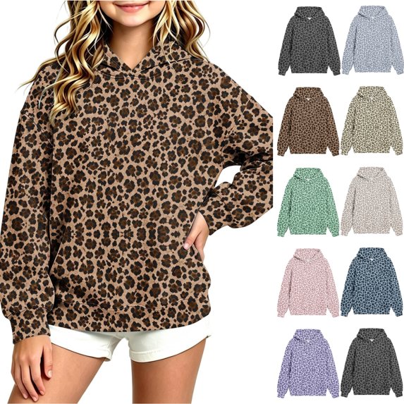 JOANKDMI Tween Girls Leopard Print Sweatshirt Size 12-13 Pullover Hoodie Animal Graphic Long Sleeve Casual Loose Fit Hooded Top Slouchy Fall Winter Fashion Streetwear Lounge Tops