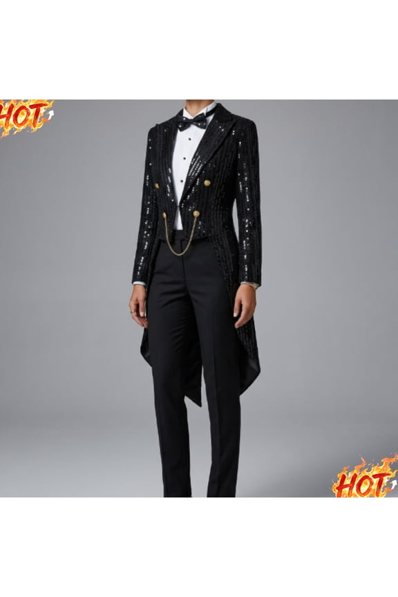 Unisex Adult Ringmaster Showman Steampunk Magician Costume Sequined Tailcoat Jacket with Chain Details for Circus Carnival Party Stage Fancy Dress Garments