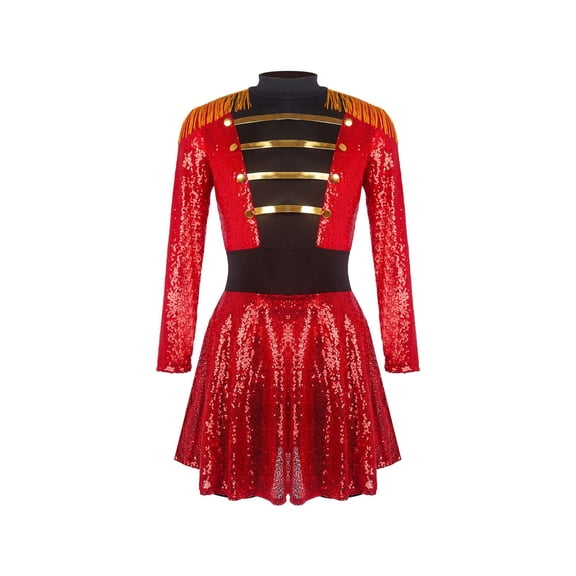 JOANKDMI Unisex Circus Ringmaster Costume Sparkly Sequin Long Sleeve Dress with Fringe Epaulets for Carnival Party Elegant Showgirl Role Play Outfit Halloween Dress Up Apparel