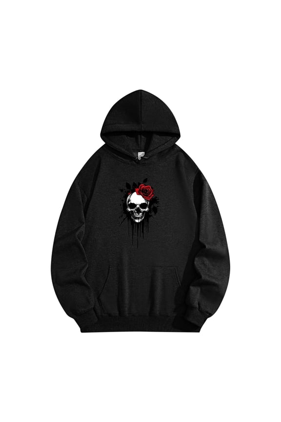 Unisex Novelty Pullover Hoodie Skull Floral Graphic Hooded Sweatshirt Long Sleeve Emo Punk Style Tops Relaxed Fit with Kangaroo Pocket for Casual Wear