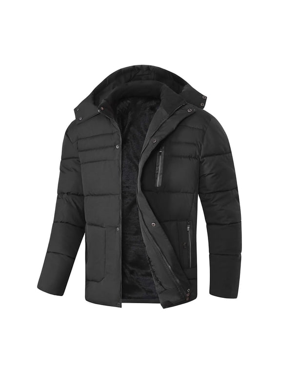 Winter Puffer Jacket for Men Fleece Lined Warm Hooded Parka Coat Windproof Quilted Snow Outerwear with Zipper Pockets for Cold Weather,XXL-5XL