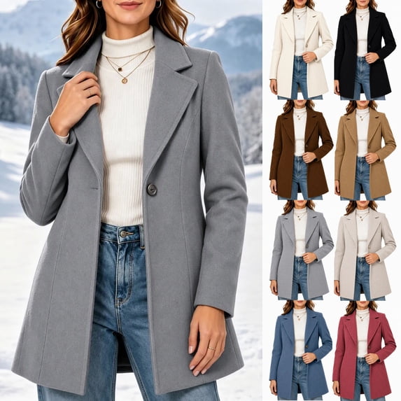 JOANKDMI Winter Wool Blend Pea Coat for Women Elegant Notched Lapel Single Breasted Mid-Length Trench Coat Casual Fall Office Dressy Outerwear Overcoat with Pockets