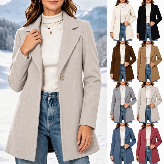 JOANKDMI Winter Wool Blend Pea Coat for Women Elegant Notched Lapel Single Breasted Mid-Length Trench Coat Casual Fall Office Dressy Outerwear Overcoat with Pockets