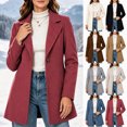 thumbnail image 1 of JOANKDMI Winter Wool Blend Pea Coat for Women Elegant Notched Lapel Single Breasted Mid-Length Trench Coat Casual Fall Office Dressy Outerwear Overcoat with Pockets, 1 of 7
