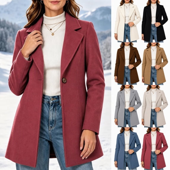 JOANKDMI Winter Wool Blend Pea Coat for Women Elegant Notched Lapel Single Breasted Mid-Length Trench Coat Casual Fall Office Dressy Outerwear Overcoat with Pockets