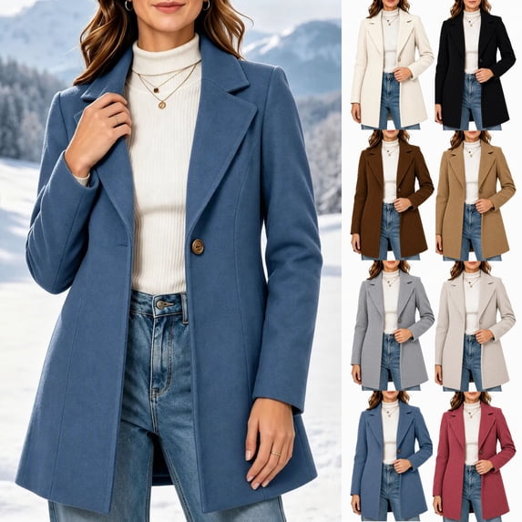 JOANKDMI Winter Wool Blend Pea Coat for Women Elegant Notched Lapel Single Breasted Mid-Length Trench Coat Casual Fall Office Dressy Outerwear Overcoat with Pockets