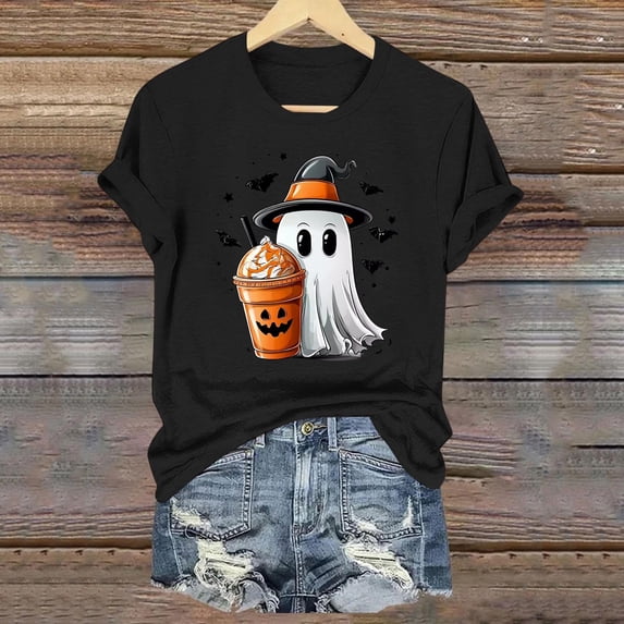 JOANKDMI Witch Ghost Halloween Shirts for Women Short Sleeve Pumpkin Spice Latte Graphic Tees Casual Fall Autumn Crewneck T-Shirt Novelty Holiday Party Tops