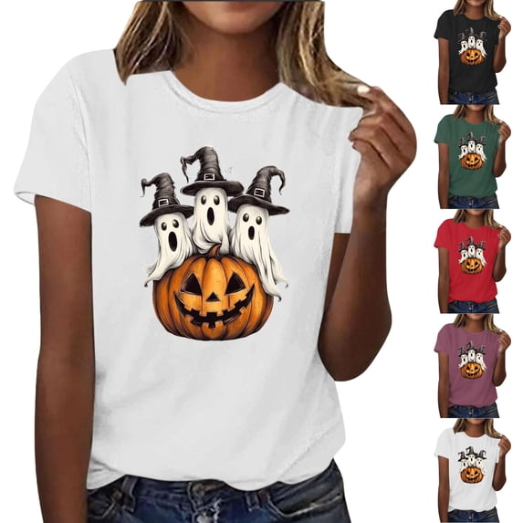 JOANKDMI Witches Hat Ghost Graphic T-Shirts for Women Cute Halloween Pumpkin Short Sleeve Crewneck Fall Tops Casual Loose Fit Holiday Party Tees Novelty Shirts